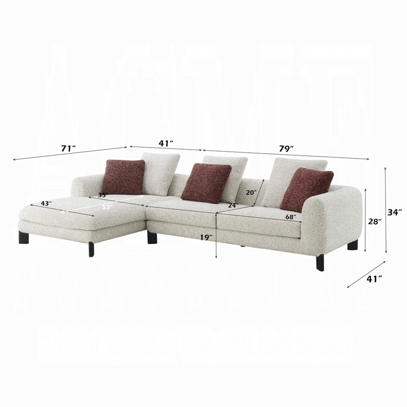 Meru Sectional Sofa- 3 Pillows- Maroon Beige Tweed Boucle- 120 Inch