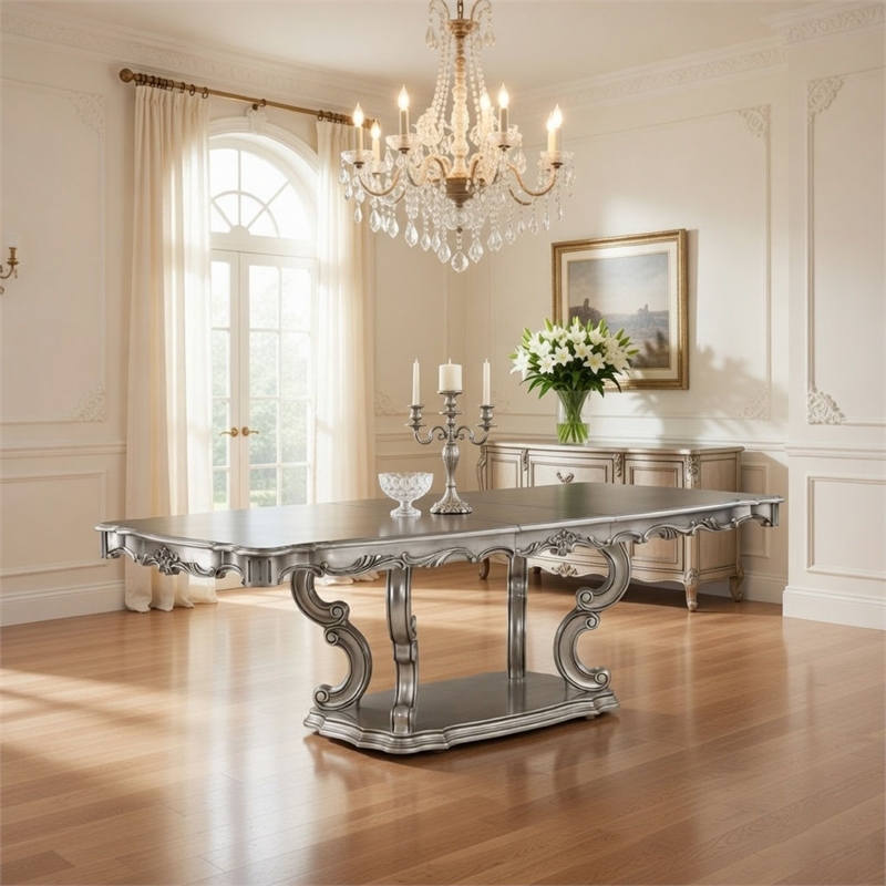 Aria 85-102 Inch Dining Table-Extendable Wood Top Classic Antique Platinum