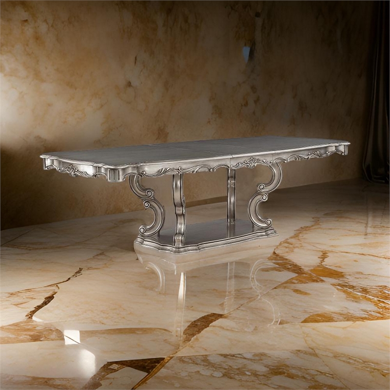 Aria 85-102 Inch Dining Table-Extendable Wood Top Classic Antique Platinum