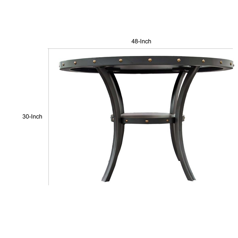 Sie 48 Inch Dining Table-Round Nailhead Trim Top with Shelf-Black Wood