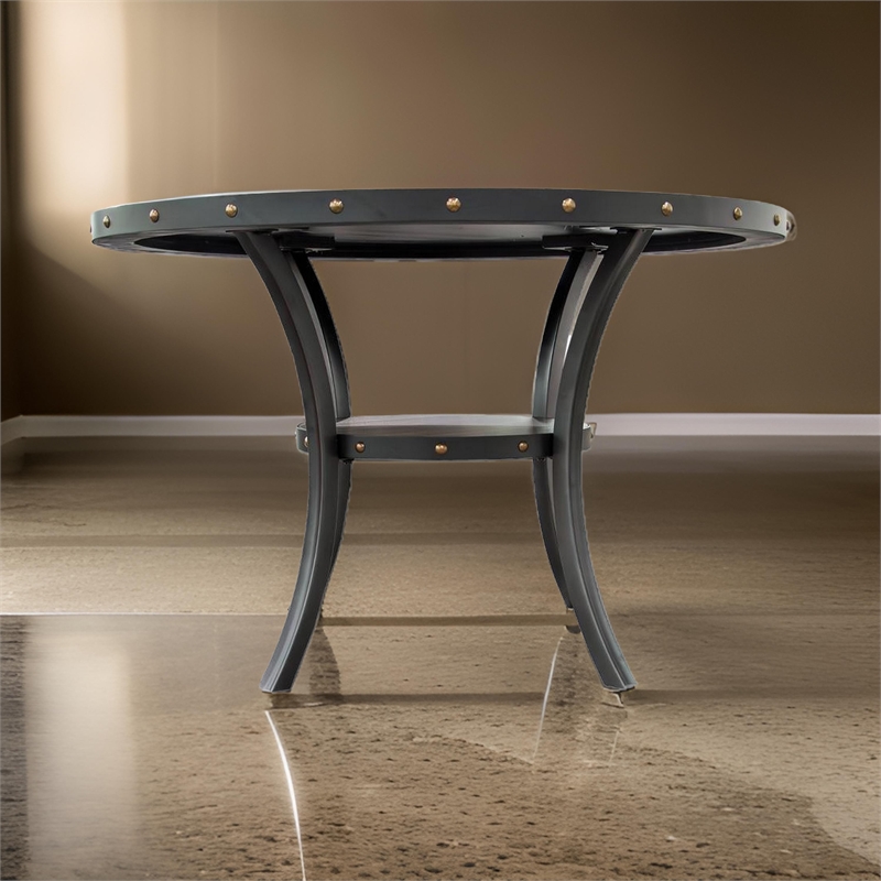 Sie 48 Inch Dining Table-Round Nailhead Trim Top with Shelf-Black Wood