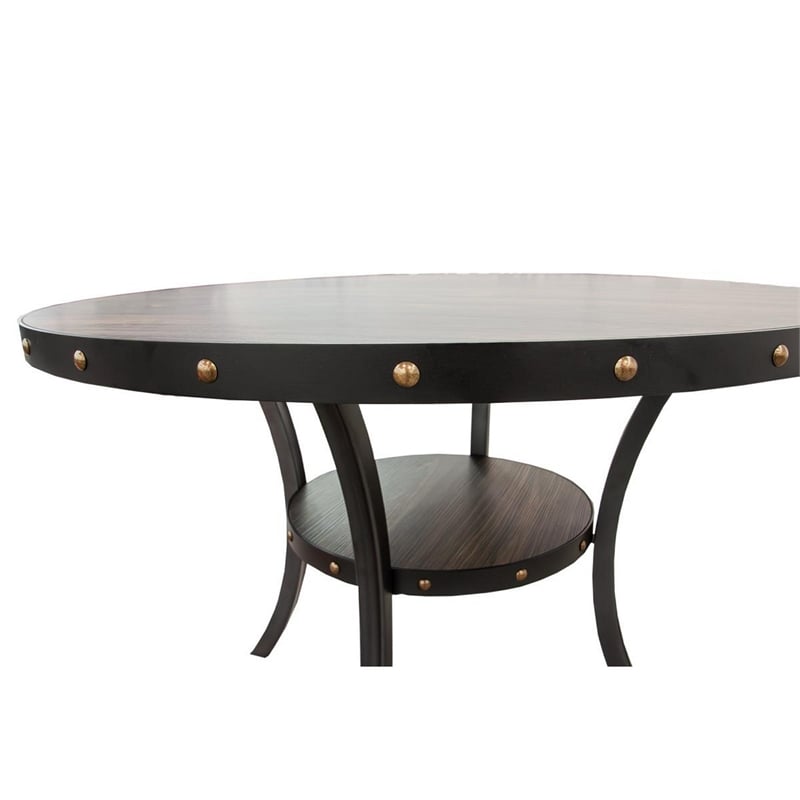 Sie 48 Inch Dining Table-Round Nailhead Trim Top with Shelf-Black Wood