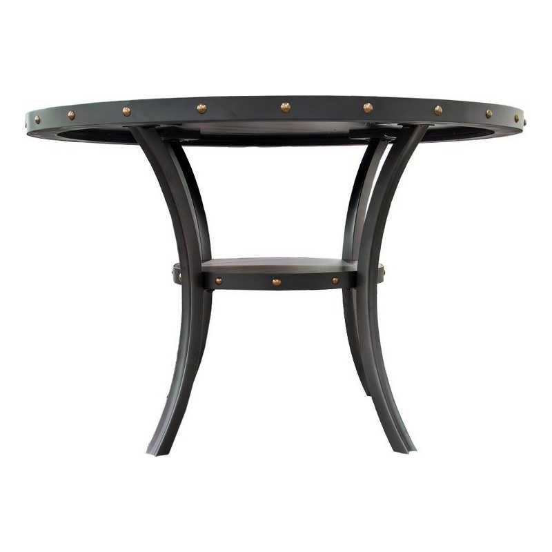 Sie 48 Inch Dining Table-Round Nailhead Trim Top with Shelf-Black Wood