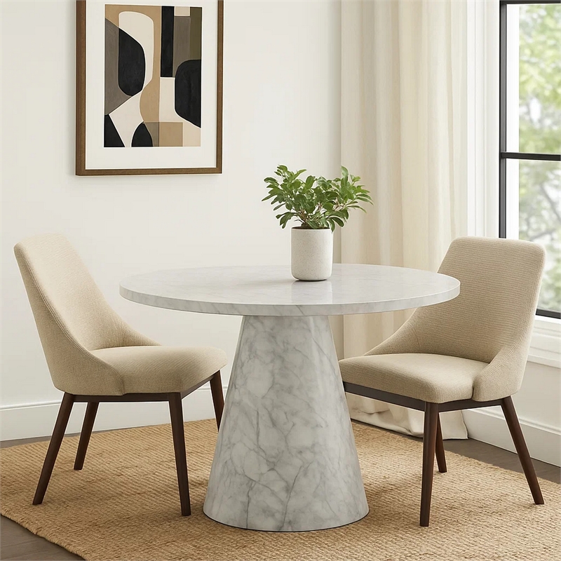Kacie Round Dining Table-Pedestal Base-Light Gray Faux Stone 47 Inch