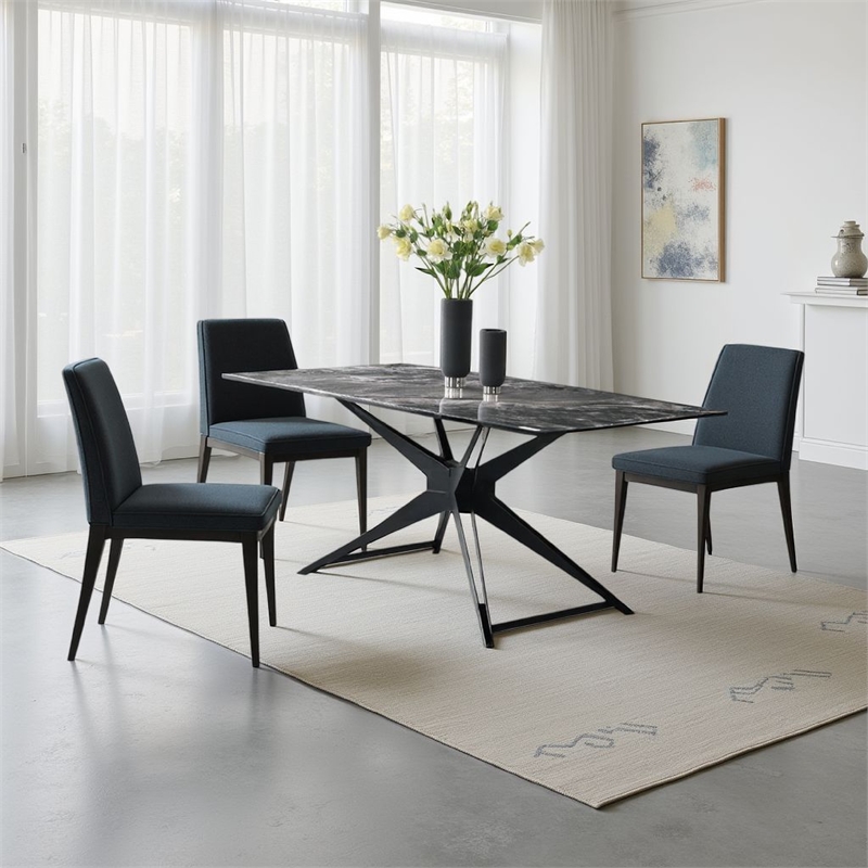 Laus Dining Table-71 Inch Crystal Glass Top-Black Geometric Base