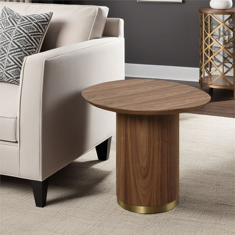 Iliana Side End Table-21 Inch Oval Top-Round Pedestal-Walnut Brown