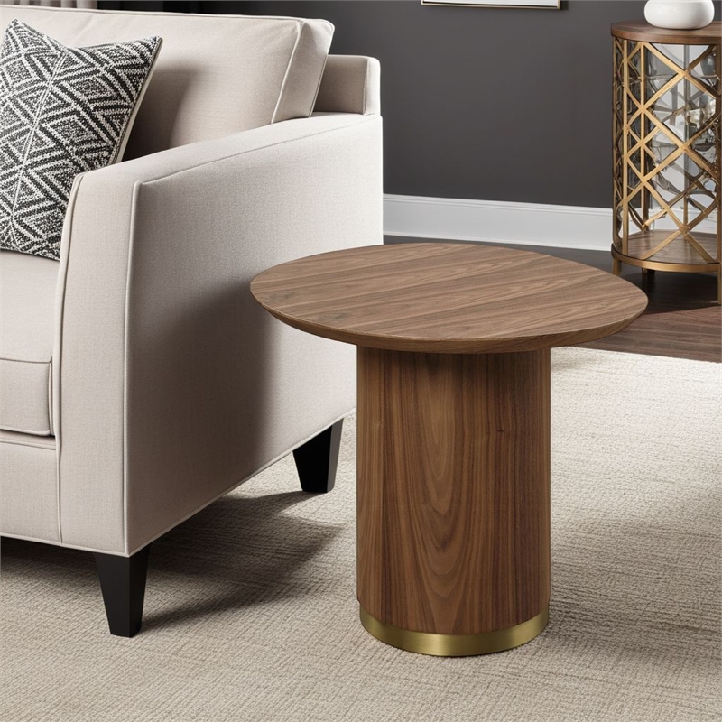 Iliana Side End Table-21 Inch Oval Top-Round Pedestal-Walnut Brown