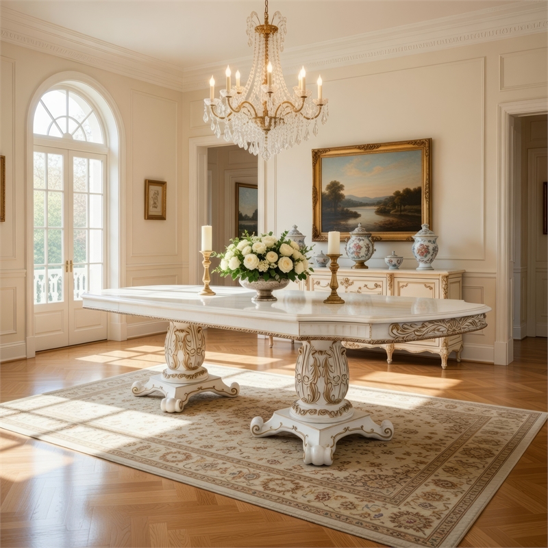 Antoine Dining Table-Carved Double Pedestal-94-136 Inch-Pearl White
