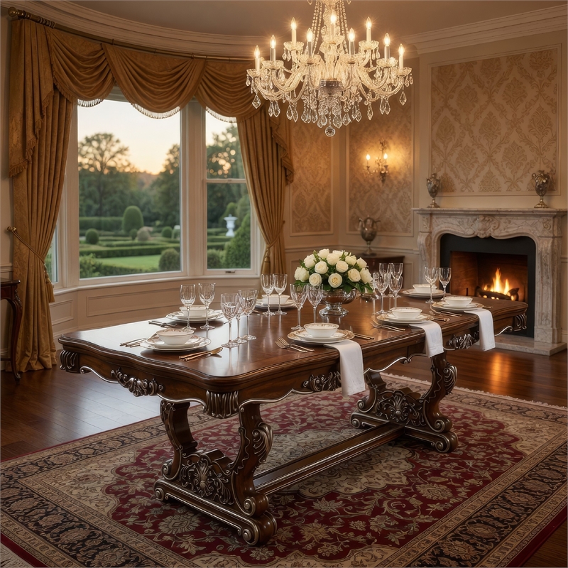 Maver Dining Table-Carved Silver Trim 90-114 Inch Classic Antique Oak