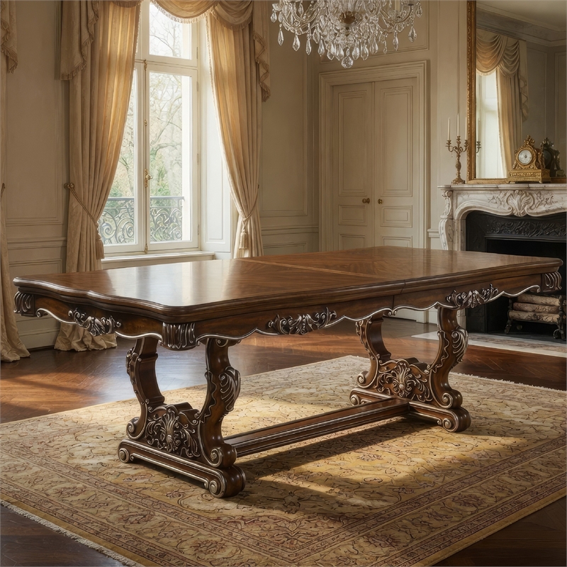 Maver Dining Table-Carved Silver Trim 90-114 Inch Classic Antique Oak