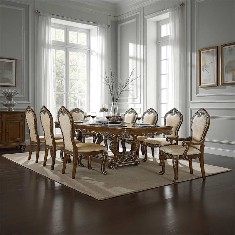 Maver Dining Table-Carved Silver Trim 90-114 Inch Classic Antique Oak
