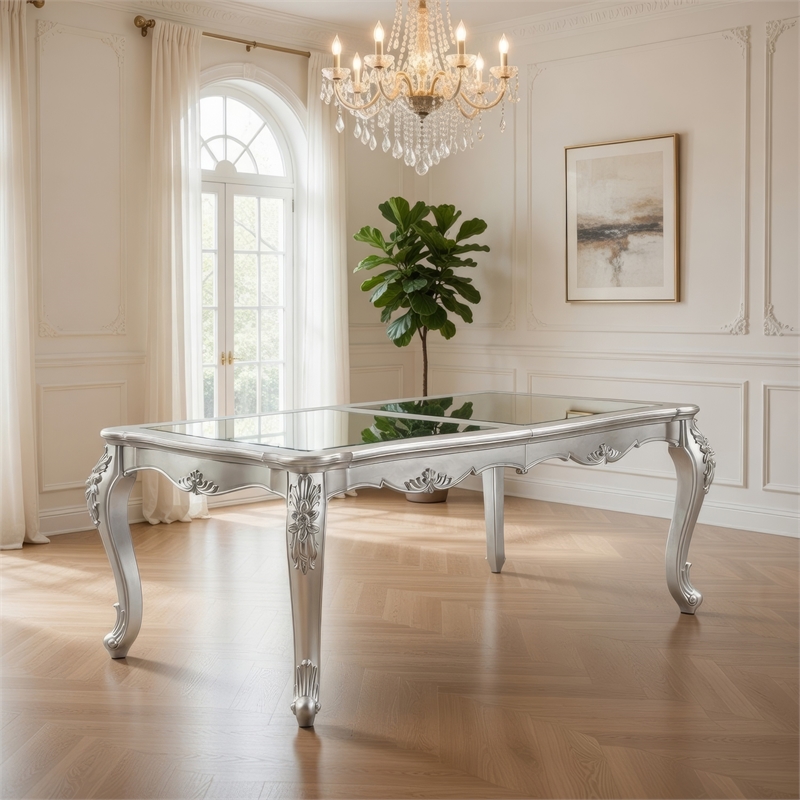 Bowe Dining Table-80-96 Inch-Mirrored-Classic Champagne Silver Wood