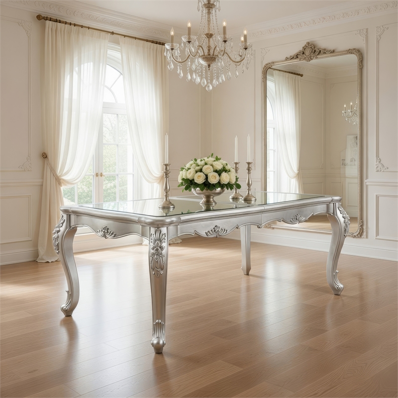 Bowe Dining Table-80-96 Inch-Mirrored-Classic Champagne Silver Wood