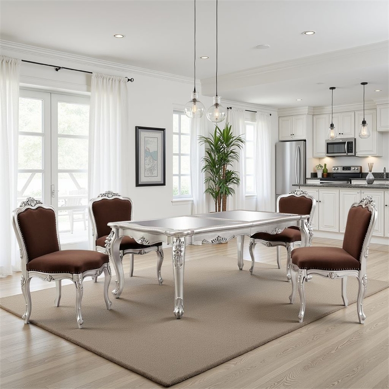 Bowe Dining Table-80-96 Inch-Mirrored-Classic Champagne Silver Wood