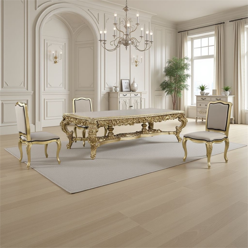 Rexx Dining Table-Classic Carved Gold Wood-111 Inch Rectangular Top
