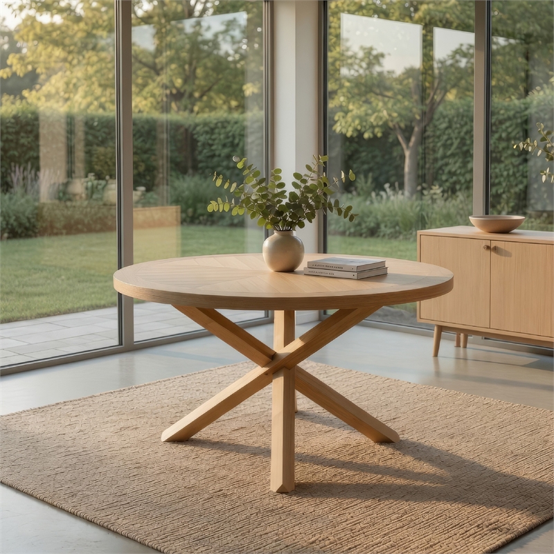 Semi Dining Table-54 Inch Round Top-Cross Base-Oak Brown Finish