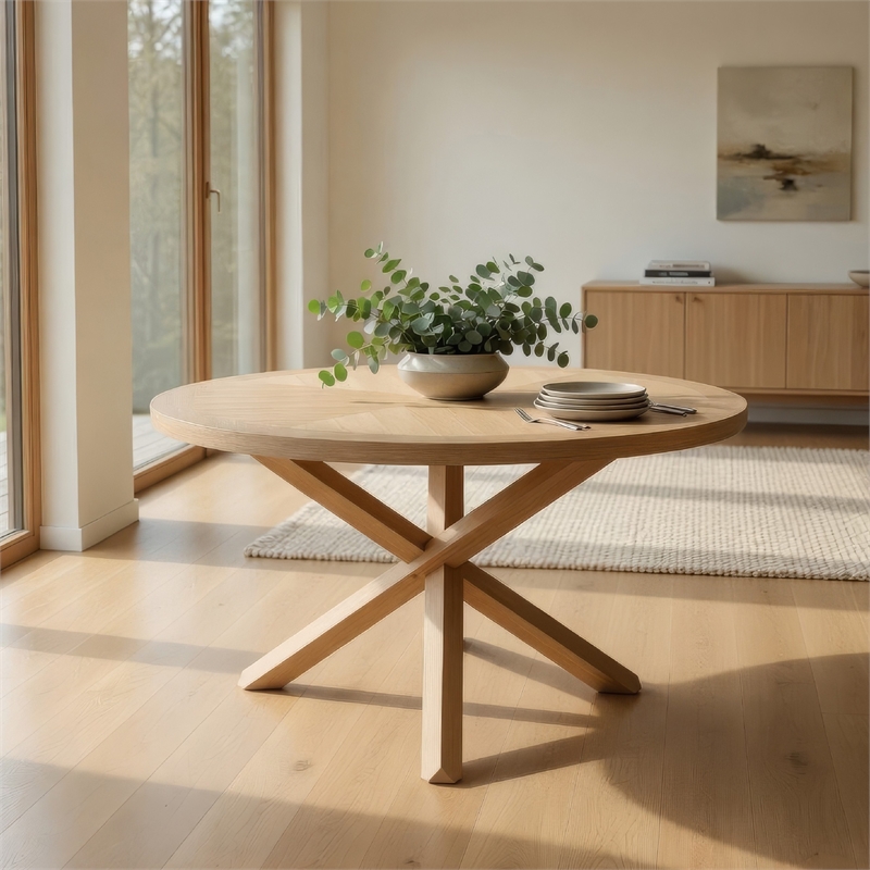 Semi Dining Table-54 Inch Round Top-Cross Base-Oak Brown Finish