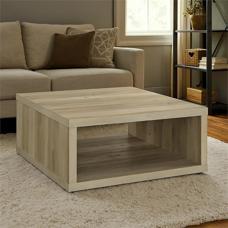 Rizz Coffee Table-Square Cube Design Open Shelf-36 Inch Light Brown