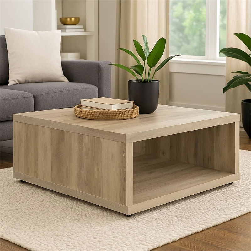 Rizz Coffee Table-Square Cube Design Open Shelf-36 Inch Light Brown