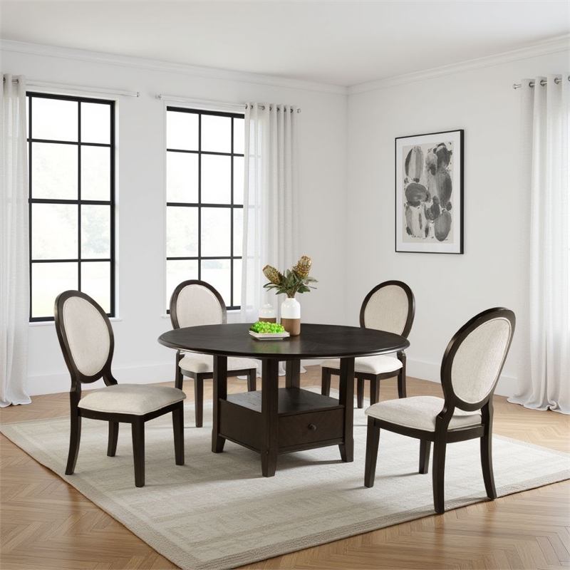 Tipa Round Dining Table with Drawer and Shelf-Dark Cocoa Wood 60 Inch