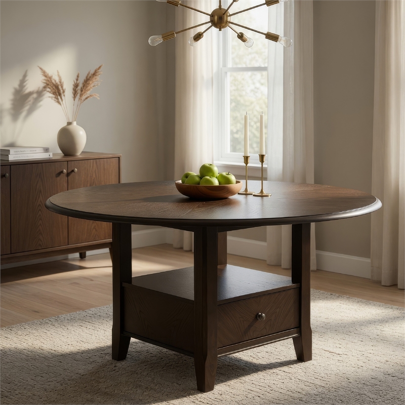 Tipa Round Dining Table with Drawer and Shelf-Dark Cocoa Wood 60 Inch