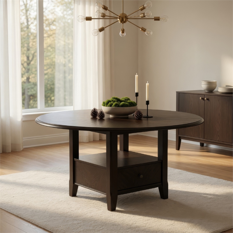 Tipa Round Dining Table with Drawer and Shelf-Dark Cocoa Wood 60 Inch