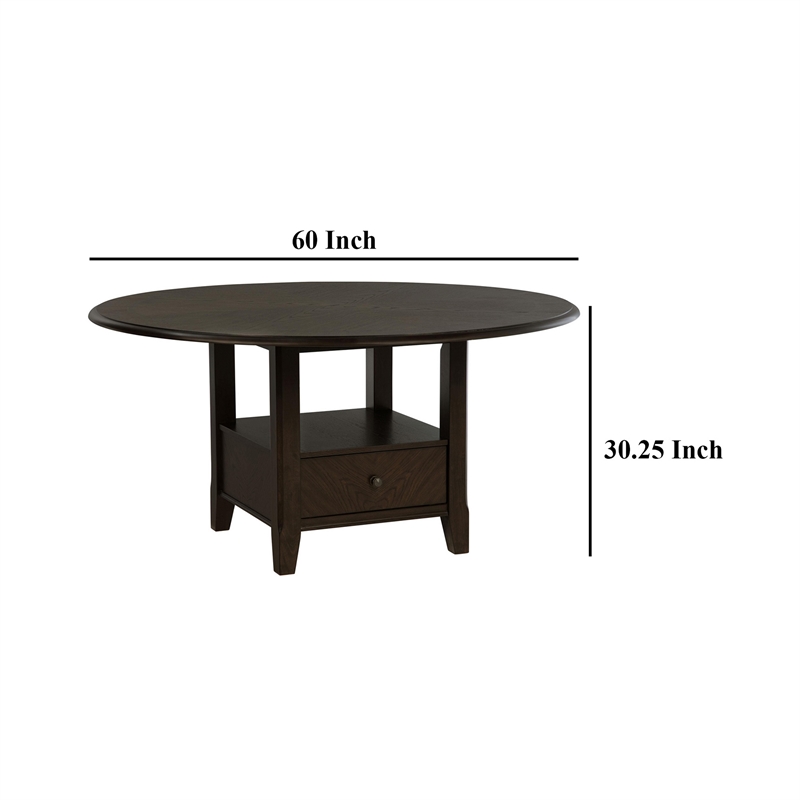 Tipa Round Dining Table with Drawer and Shelf-Dark Cocoa Wood 60 Inch