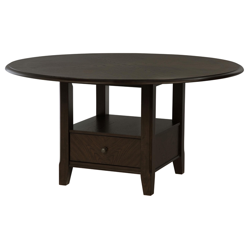 Tipa Round Dining Table with Drawer and Shelf-Dark Cocoa Wood 60 Inch