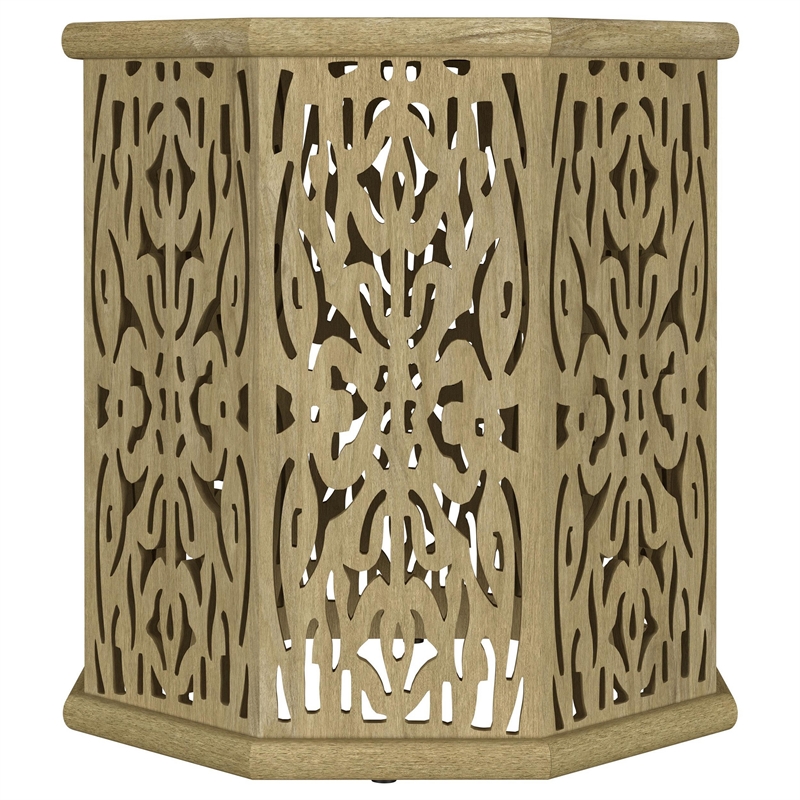Ores Accent Side Table with Intricate Carvings-Brown Mango Wood