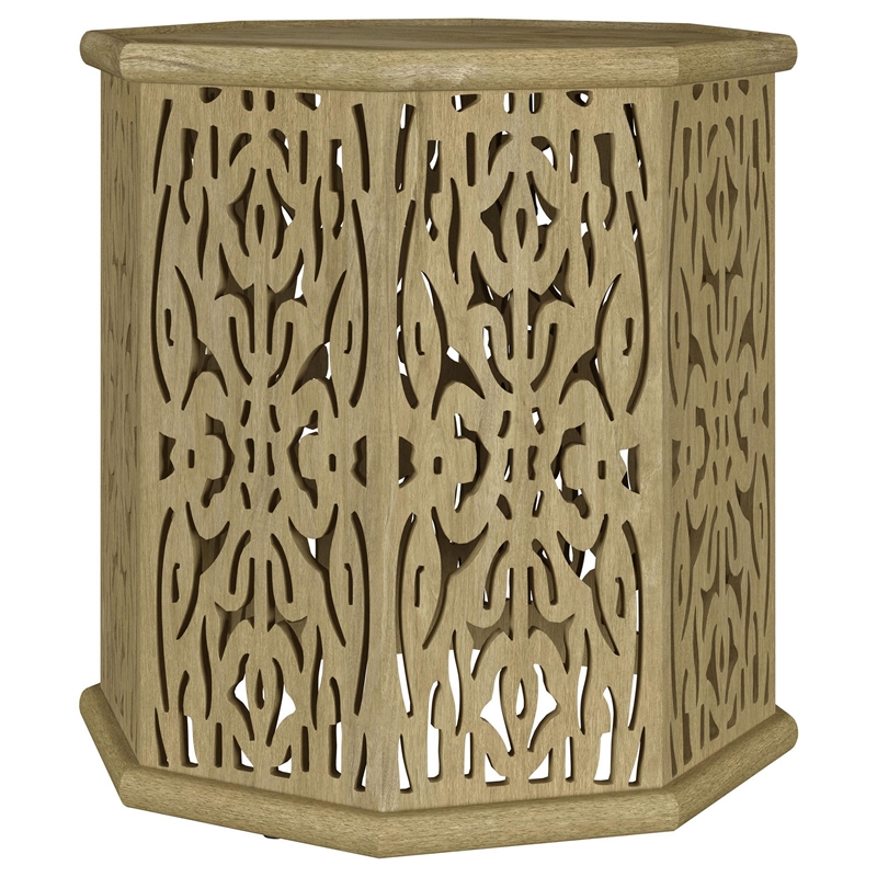 Ores Accent Side Table with Intricate Carvings-Brown Mango Wood