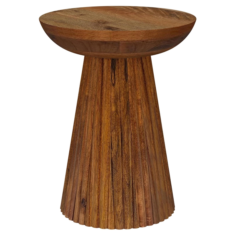 Ureo Round Accent Side Table-Cone Pedestal Base-Brown Mango Wood