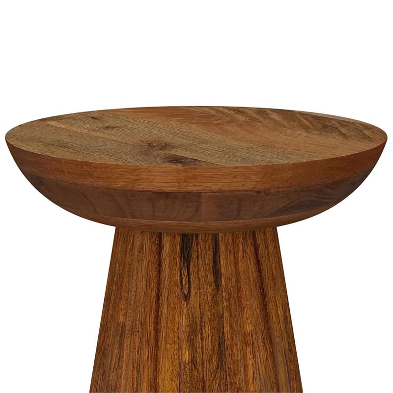 Ureo Round Accent Side Table-Cone Pedestal Base-Brown Mango Wood