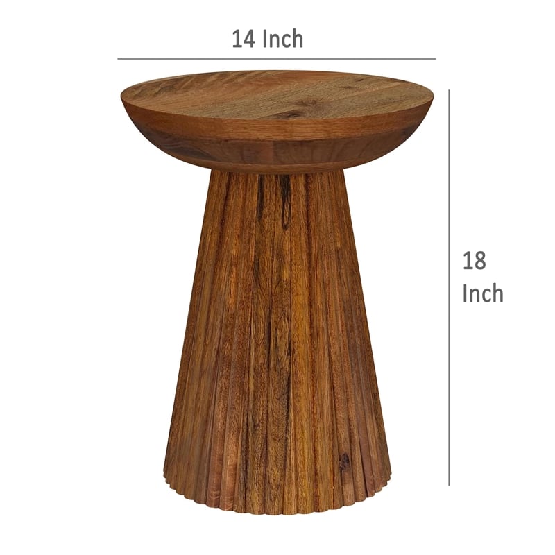 Ureo Round Accent Side Table-Cone Pedestal Base-Brown Mango Wood