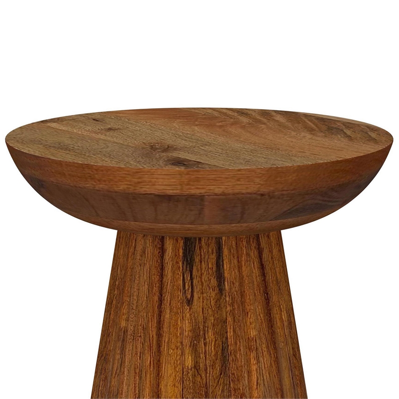 Ureo Round Accent Side Table-Cone Pedestal Base-Brown Mango Wood
