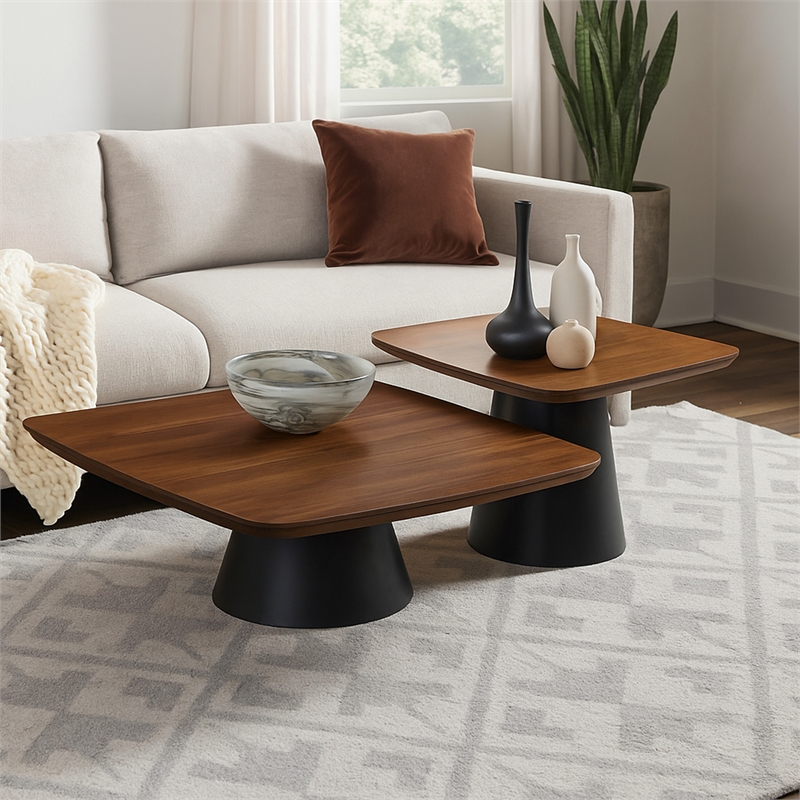 Eliana 2pc Coffee Table Set-Walnut Brown-Black Metal Frame