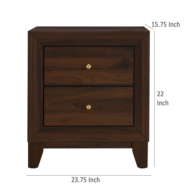 Yels Nightstand with 2 Drawers-Gold Metal Knobs-Walnut Brown