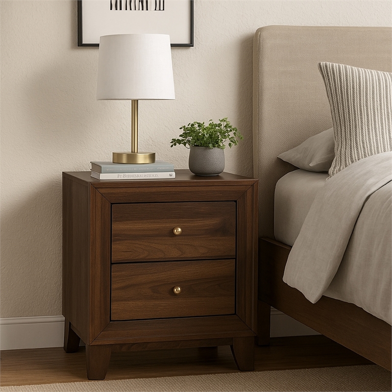 Yels Nightstand with 2 Drawers-Gold Metal Knobs-Walnut Brown