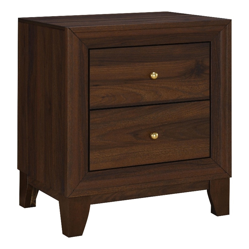 Yels Nightstand with 2 Drawers-Gold Metal Knobs-Walnut Brown