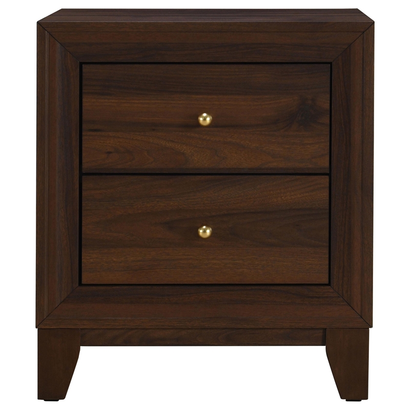 Yels Nightstand with 2 Drawers-Gold Metal Knobs-Walnut Brown