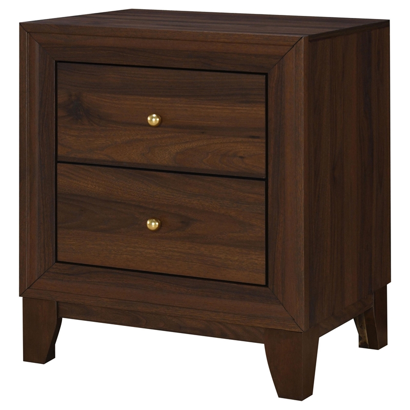 Yels Nightstand with 2 Drawers-Gold Metal Knobs-Walnut Brown