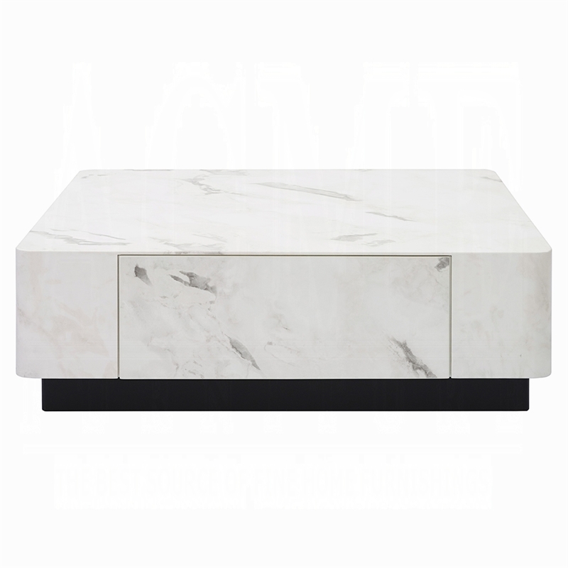 Ritzy Coffee Table-Modern Plinth-White Faux Marble-47 Inch Square