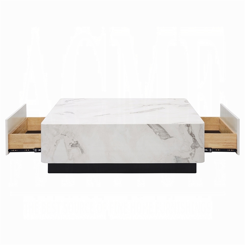 Ritzy Coffee Table-Modern Plinth-White Faux Marble-47 Inch Square