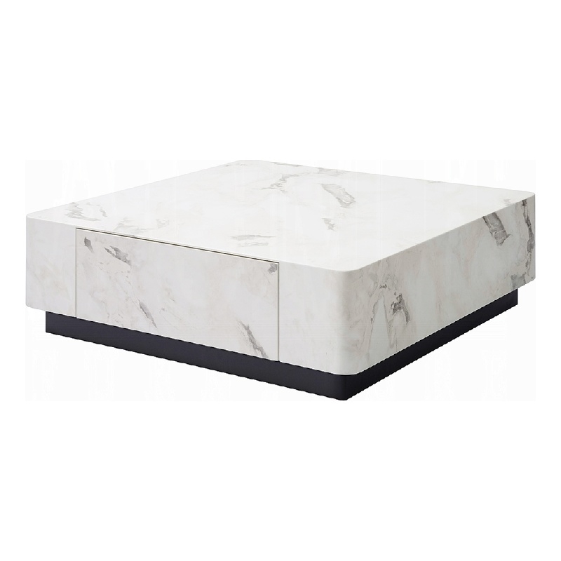 Ritzy Coffee Table-Modern Plinth-White Faux Marble-47 Inch Square