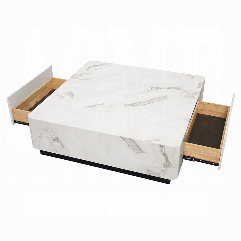 Ritzy Coffee Table-Modern Plinth-White Faux Marble-47 Inch Square
