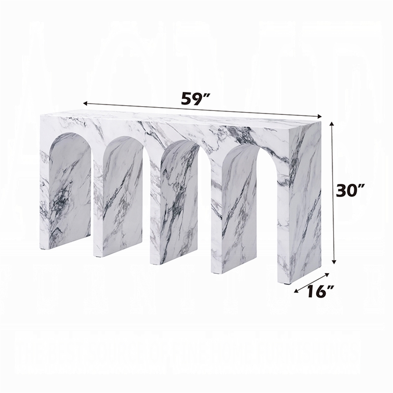 Ritzy Console Table-White Marble Faux Stone-Arched Design-59 Inch