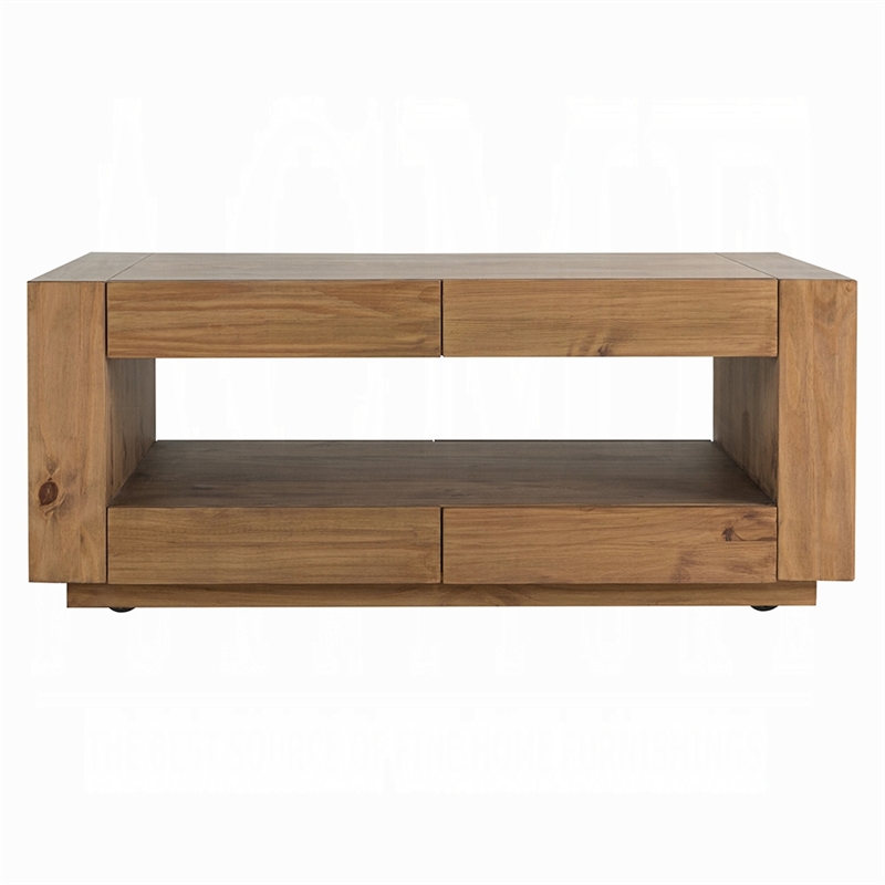 Ayma Coffee Table-1 Inner Shelf-Brown Oak Wood-Rectangular 50 Inch