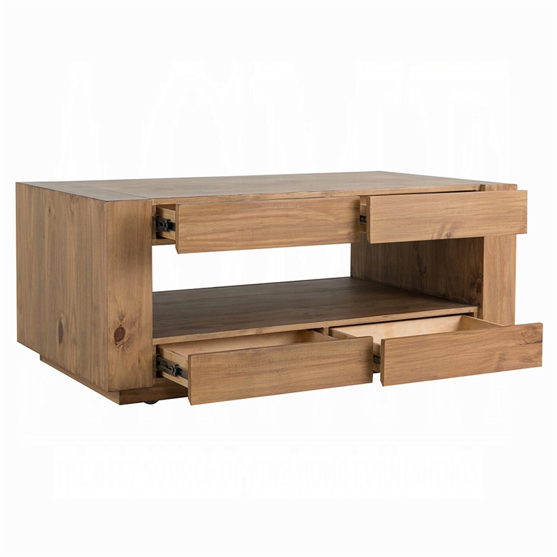 Ayma Coffee Table-1 Inner Shelf-Brown Oak Wood-Rectangular 50 Inch