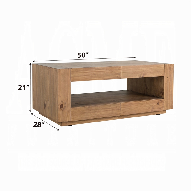 Ayma Coffee Table-1 Inner Shelf-Brown Oak Wood-Rectangular 50 Inch