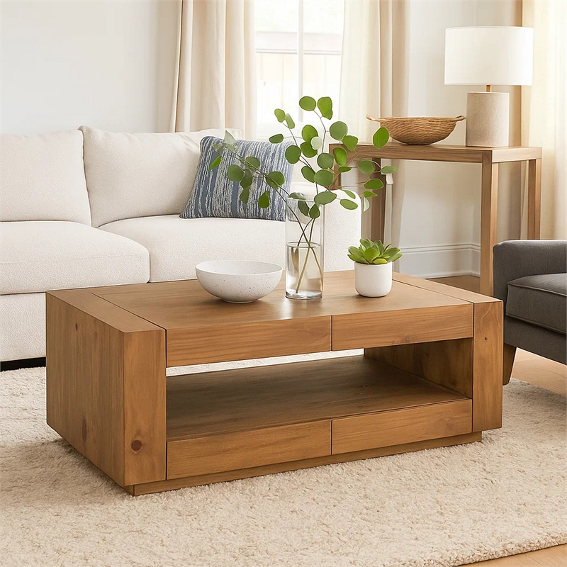 Ayma Coffee Table-1 Inner Shelf-Brown Oak Wood-Rectangular 50 Inch