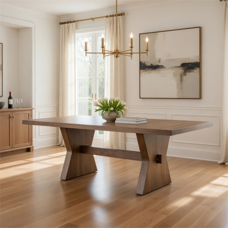 Zivy Dining Table-78 Inch Modern Farmhouse Hourglass Oak Brown Wood